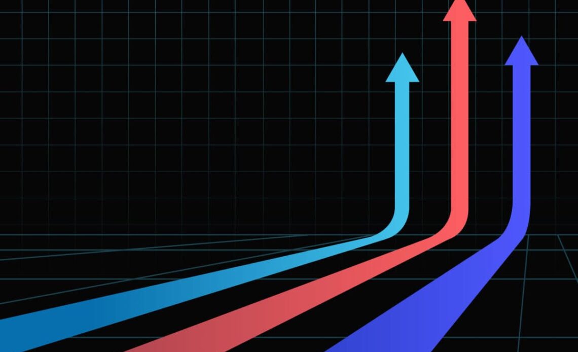 3 colorful arrows racing straight up on a black background.