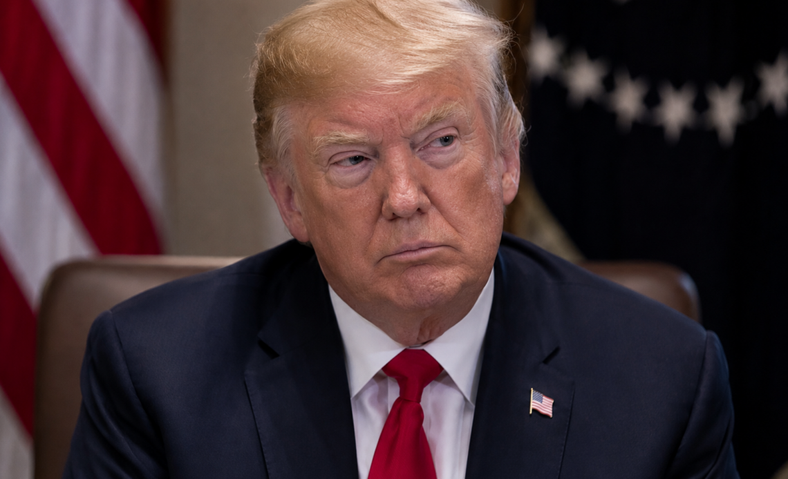 Donald Trump sits at a formal meeting table in a dark suit and red tie, with US flags blurred behind him.