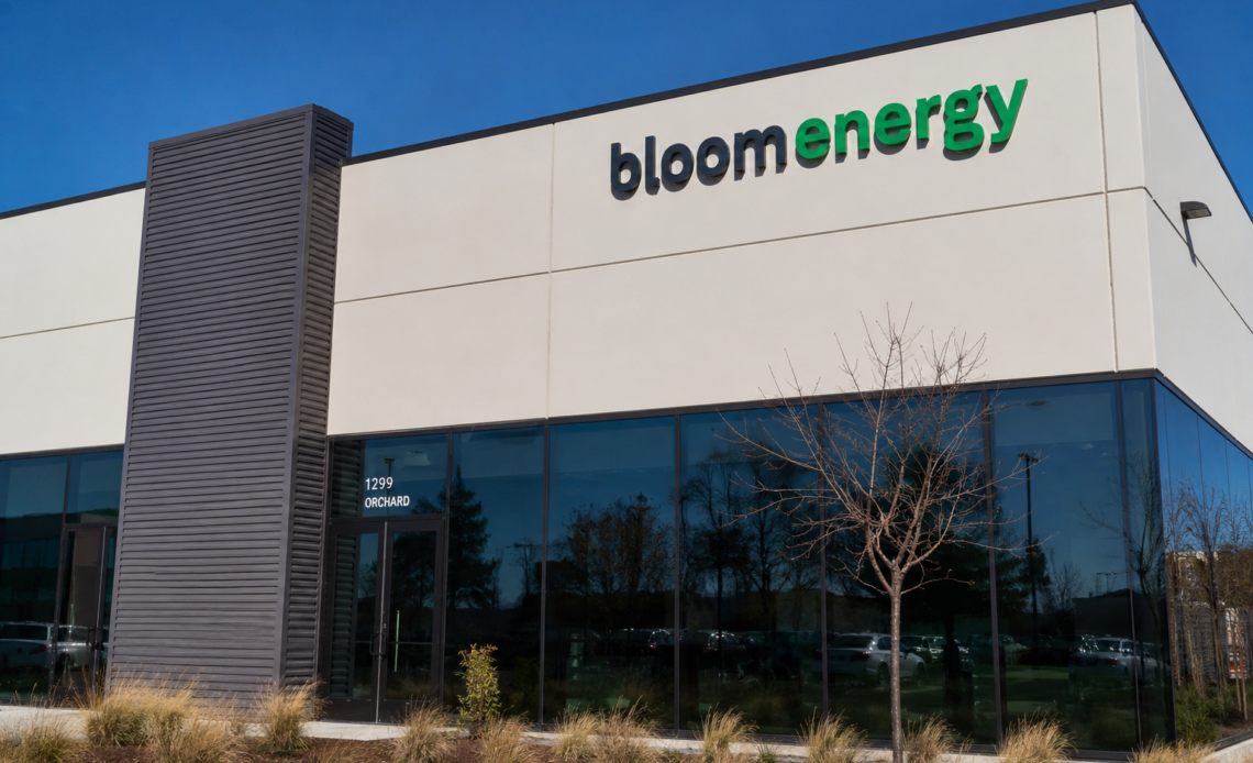Bloom Energy logo displayed on the exterior of a modern office building
