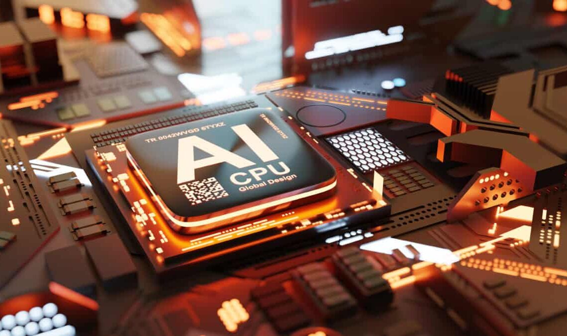 A microchip in a circuit board powers artificial intelligence.