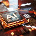 A microchip in a circuit board powers artificial intelligence.