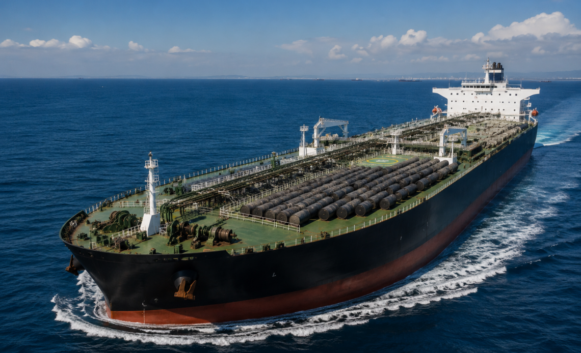 A large oil tanker carries rows of crude barrels across calm blue waters.