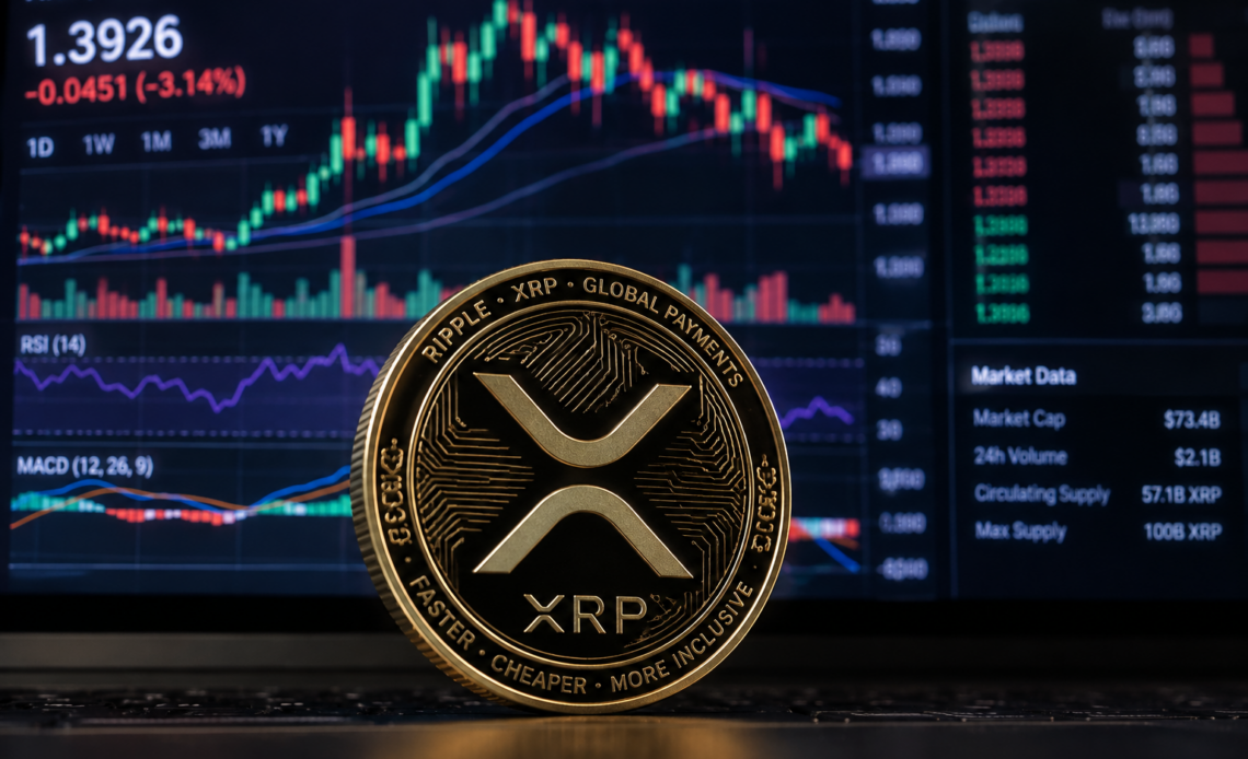 Gold XRP token stands in front of an XRP/USDT trading chart showing the cryptocurrency near $1.39 after a sharp decline.