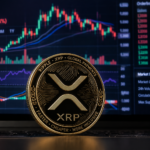 Gold XRP token stands in front of an XRP/USDT trading chart showing the cryptocurrency near $1.39 after a sharp decline.