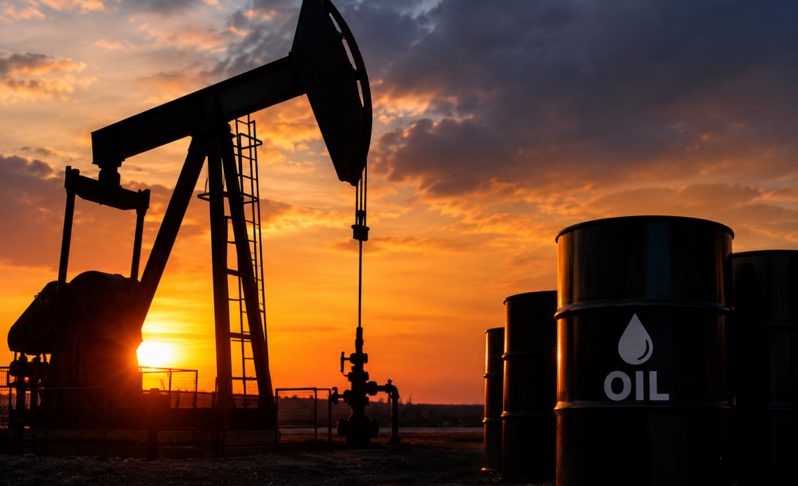 Sunset Pumpjack and Oil Barrels