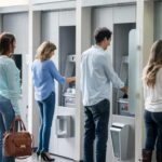 Group of people in a line at an ATM waiting to make a cash withdrawal