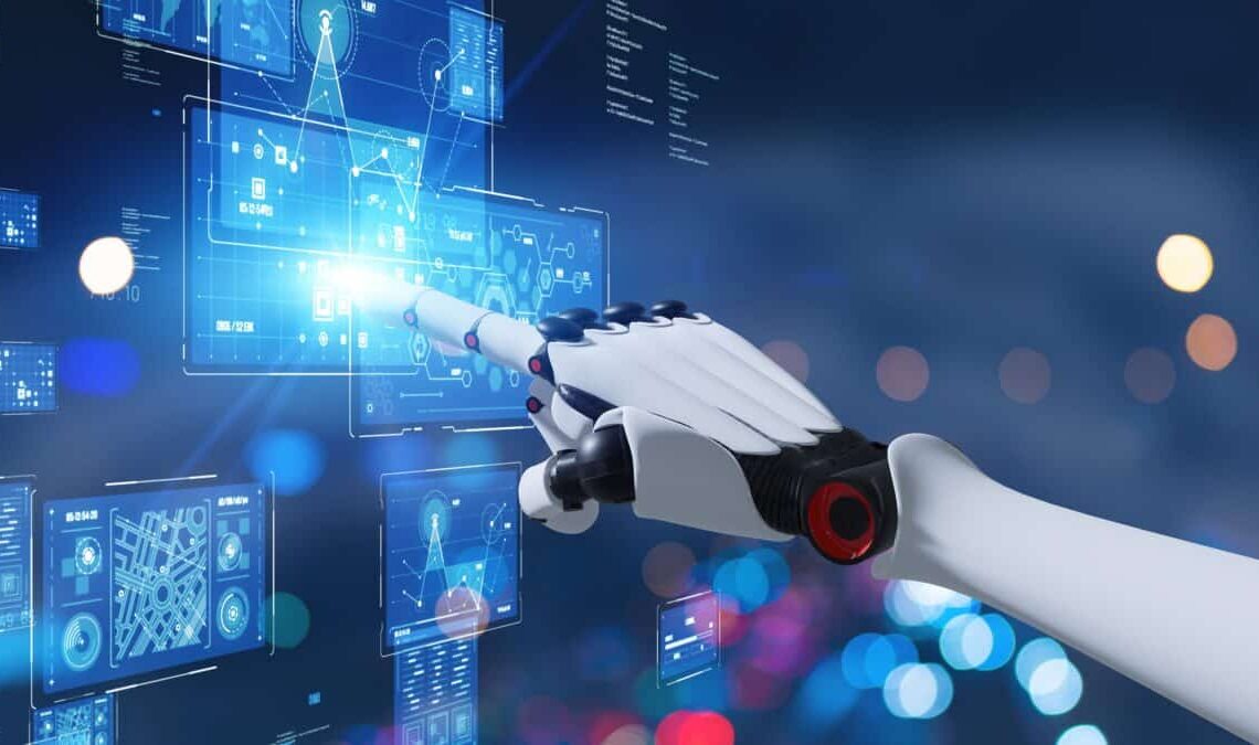 A robotic hand interacting with a visual AI touchscreen display.